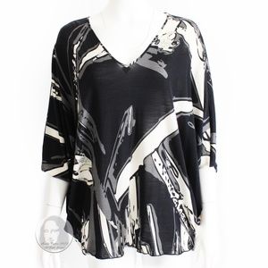 Emilio Pucci Top Batwing Sleeve Wool Blend Abstract Black White Gray Beige US 10
